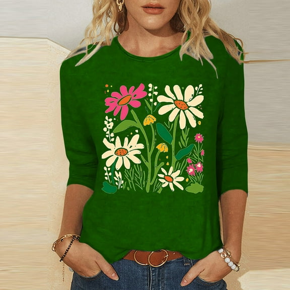 Rezuofi 2 Pcs Womens 3/4 Length Sleeve Tops 2025 Spring Summer Floral Print Crewneck Causal Trendy Tunic Tops for Women