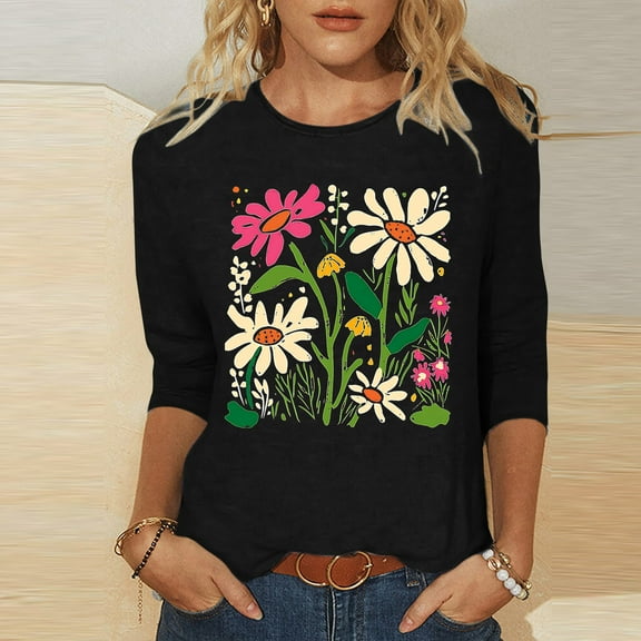 Rezuofi 2 Pcs Womens 3/4 Length Sleeve Tops 2025 Spring Summer Floral Print Crewneck Causal Trendy Tunic Tops for Women