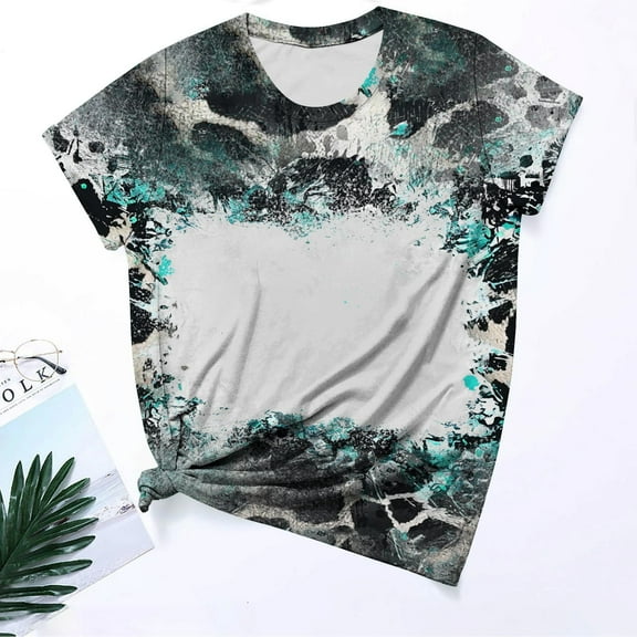 Rezuofi 2 Pcs Womens Bleached Sublimation Blanks Shirts Leopard Graphic Tees Tops Short Sleeve Polyester Tshirts Cute Items Clothes