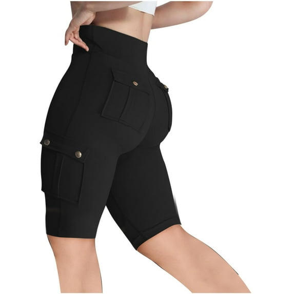 Rezuofi 2 Pcs Womens Cargo Shorts with Back Flap Pockets Knee Length Butt Lifting High Waisted Long Biker Yoga Shorts Legging