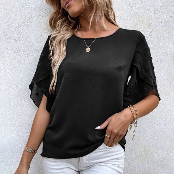 Rezuofi 2 Pcs Womens Chiffon Blouse Summer Casual Round Neck Short Sleeve Pom Pom Shirts Top