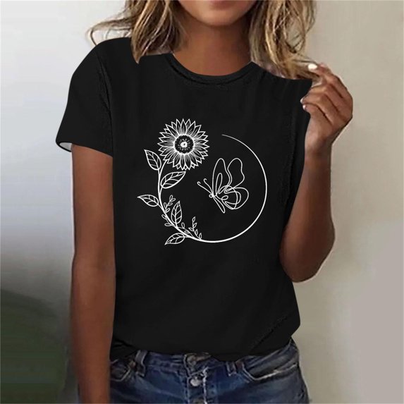 Rezuofi 2 Pcs Womens Cute Sunflower Graphic Printed Tee Shirts Vintage Short Sleeve Cotton Shirts Tops