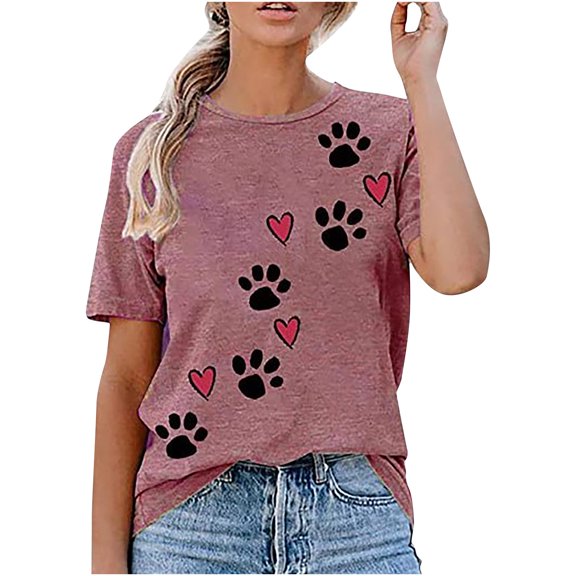 Rezuofi 2 Pcs Womens Love Paw Short Sleeve T-Shirt Dog Mom Funny Tees Letters Print Crewneck Casual Summer Tops
