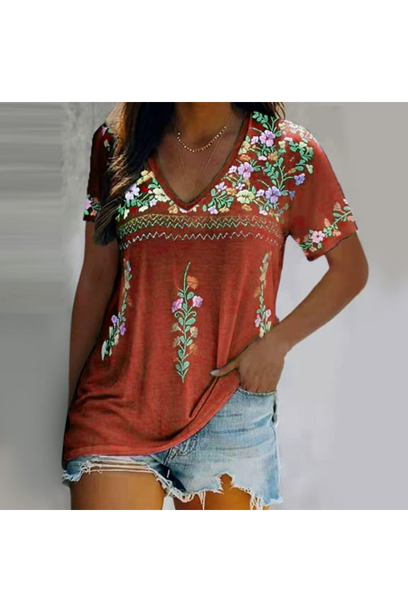 2 Pcs Womens Mexican Embroidered Tops Short Sleeve Fiesta Shirts Floral Peasant Blouses
