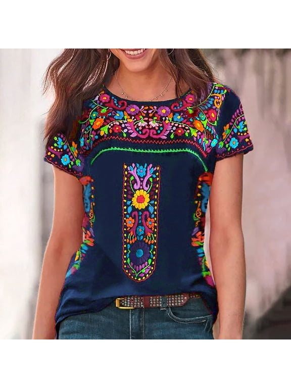 2 Pcs Womens Mexican Embroidered Tops Short Sleeve Fiesta Shirts Floral Peasant Blouses
