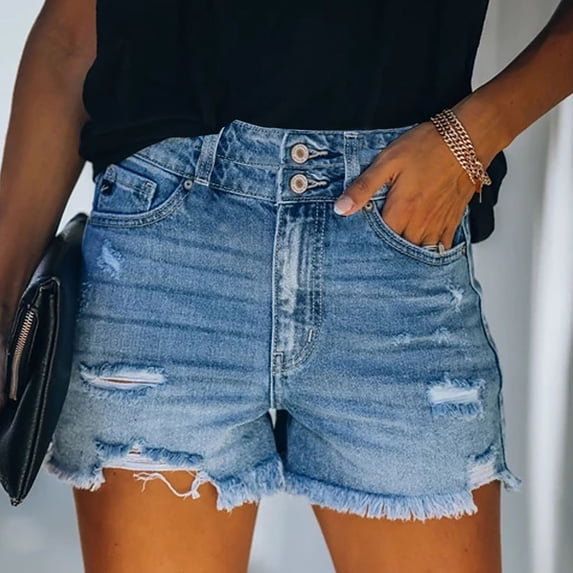 Rezuofi 2 Pcs Womens Mid-High Waisted Ripped Denim Jean Shorts Cutoff Stretchy Summer Hot Short Pants