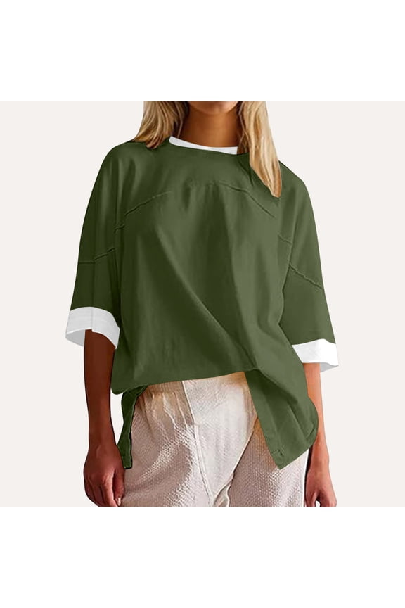 2 Pcs Womens Oversized Tees Loose T Shirts Half Sleeve Crew Neck Color Block Cotton Tunic Tops