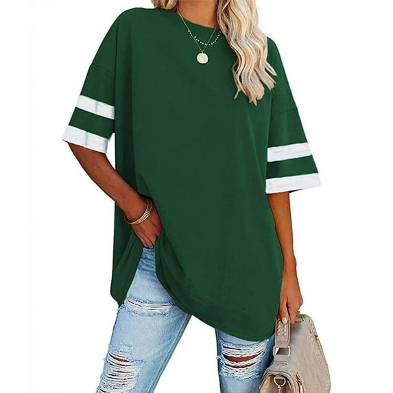 Rezuofi 2 Pcs Womens Oversized Tees Loose T Shirts Half Sleeve Crew Neck Color Block Cotton Tunic Tops