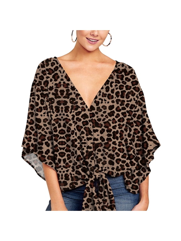 2 Pcs Womens Plus Size V Neck Knot Tie Front Summer Chiffon Blouses Tops Loose 3/4 Batwing Sleeve Shirts