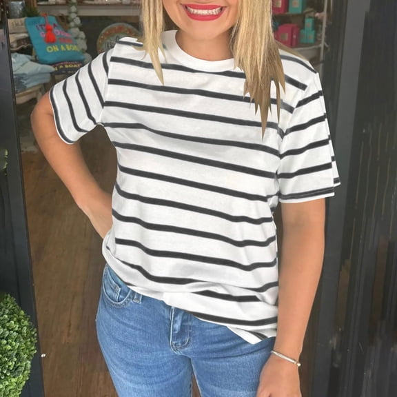 Rezuofi 2 Pcs Womens Short Puff Sleeve Tops Striped Color Block Summer T Shirt Trendy Casual Crew Neck Basic Tee