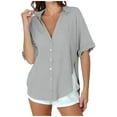 thumbnail image 1 of Rezuofi 2 Pcs Womens Short Sleeve Button Down Shirts Cotton Linen V Neck Side Slit Blouse Summer Casual Loose Fit Beach Tops, 1 of 6