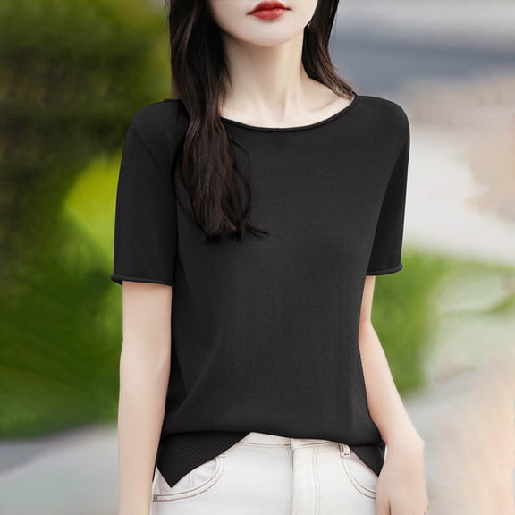 Rezuofi 2 Pcs Womens Summer Short Sleeve Tops Crew Neck Lightweight Pullover Sweaters Loose Dressy Casual Blouse Basic Clothes