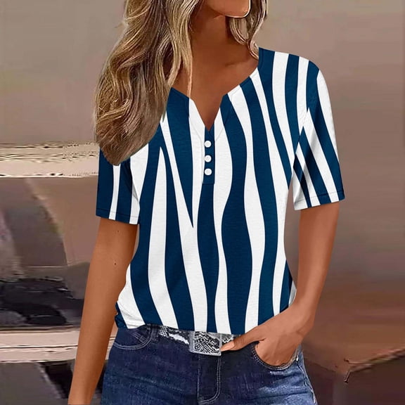 Rezuofi 2 Pcs Womens Summer Tops 2025 Dressy Casual Short Sleeve Button V Neck T Shirts Trendy Cute Printed Tees Tunic Blouses
