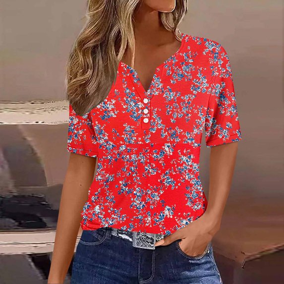 Rezuofi 2 Pcs Womens Tops Summer Short Sleeve Ruched Tunic Shirts Henley V Neck Button T Shirts Dressy Casual Floral Blouse Loose Cute Tees