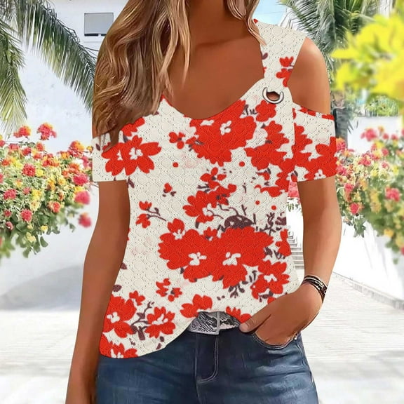 Rezuofi Cold Sholuder Tops for Women 2025 Summer Hollow Out Eyelet Short Sleeve Blouse Loose V Neck Tshirt Casual Tunics