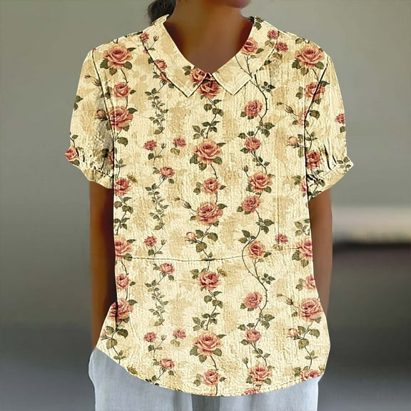 Rezuofi Cute Tops for Women Peter Pan Collar Short Sleeve Linen Shirts Plus Size Floral Blouses Dressy Casual Summer Clothes