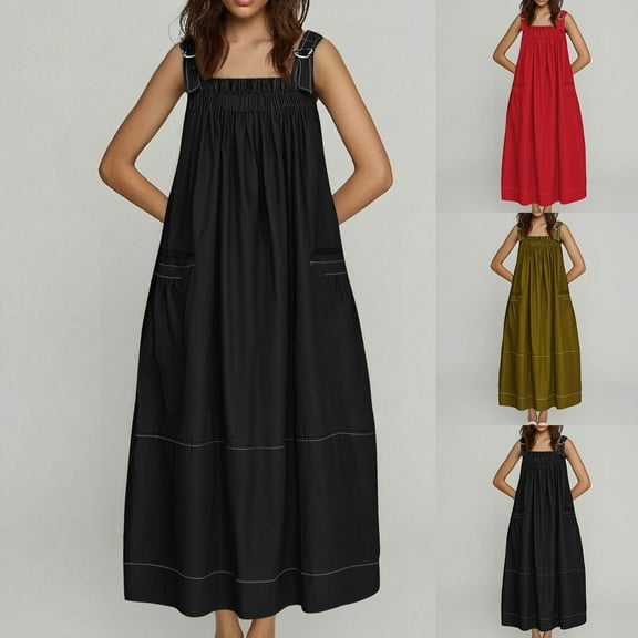 Rezuofi New Plus Size Dresses New Style Sleeveless Solid Boat Neck Pocket Comfort Long Womens Dresses Plus Size