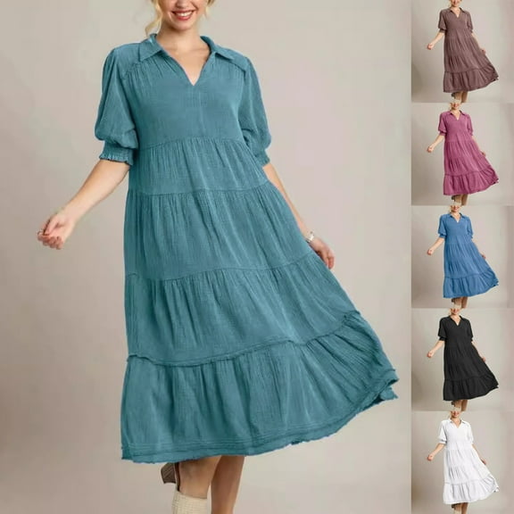 Rezuofi New Summer Dresses for Women 2025 Casual Short Sleeve Solid V-Neck Breathable Long Dresses for Work