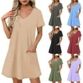 thumbnail image 1 of Rezuofi New Sundresses for Women Loose Short Sleeve Solid Round Neck Pocket Comfort Mini Womens Dresses Plus Size, 1 of 6