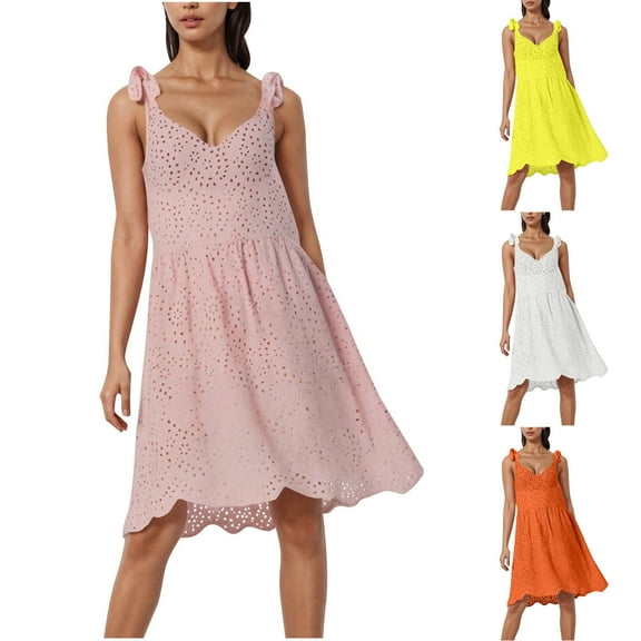 Rezuofi New Womens Dresses Fashion Sleeveless Solid V-Neck Polka Dot Soft Satiny Mini Dresses for Women Plus Size