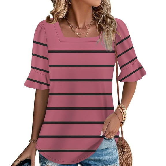 Rezuofi Tops for Women Summer Casual Ruffle Trim Sleeve Square Neck T Shirts