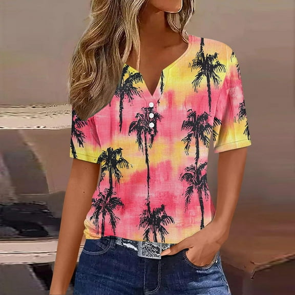 Rezuofi Women Ruffle Short Sleeve Pleated V Neck Floral Print Hawaiian Shirts Blouse Tops