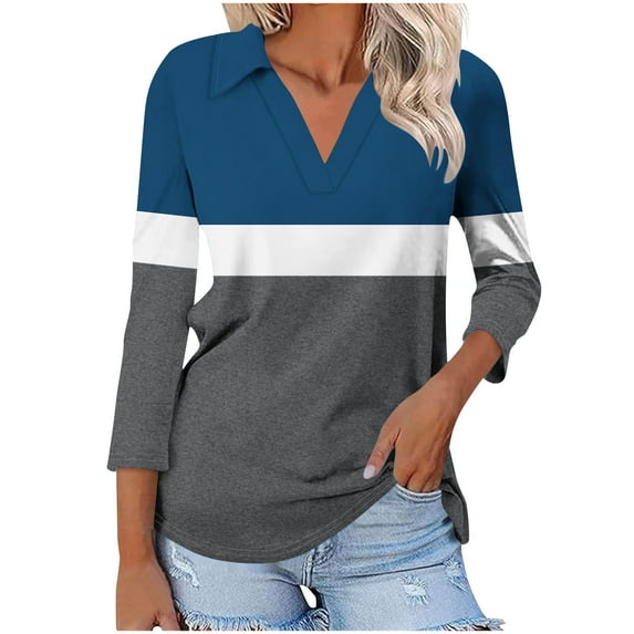Rezuofi Women's 3/4 Sleeves V Neck Polo Shirts 2025 Basic Collar Cute Tees Dressy Casual Color Block Tops Blouses Work Shirt