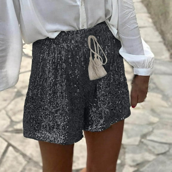 Rezuofi Women's Summer Sequins Shorts High Waist Casual Loose A Line Hot Pants Sparkly Clubwear Night-Out Pants Pockets 2025
