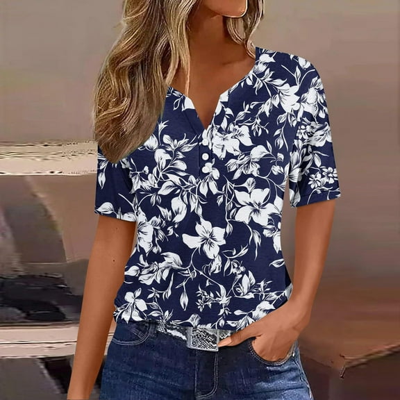 Rezuofi Womens Henley V Neck Tops 2025 Summer Casual Button Short Sleeve Tunic Tops Holiday Beach Comfy Loose Fit Blouse