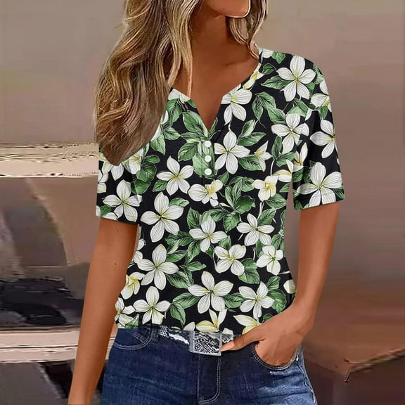 Rezuofi Womens Plus Size Tops Short Sleeve Tunic Shirts V Neck Summer Floral Loose Fit Blouse