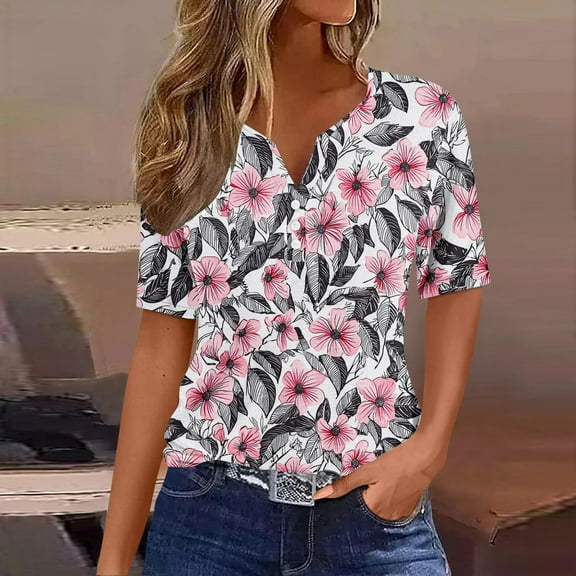 Rezuofi Womens Plus Size Tops Short Sleeve Tunic Shirts V Neck Summer Floral Loose Fit Blouse