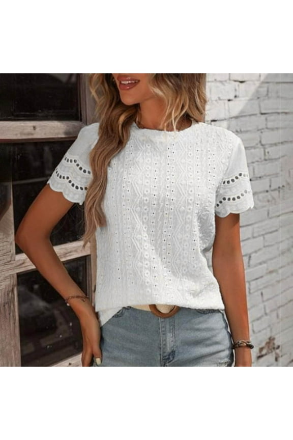 Womens Shirts,Summer Tops,Eyelet Embroidery T Shirts,Women Blouses Dressy Casual,Short Sleeve Scallop Trim Tee