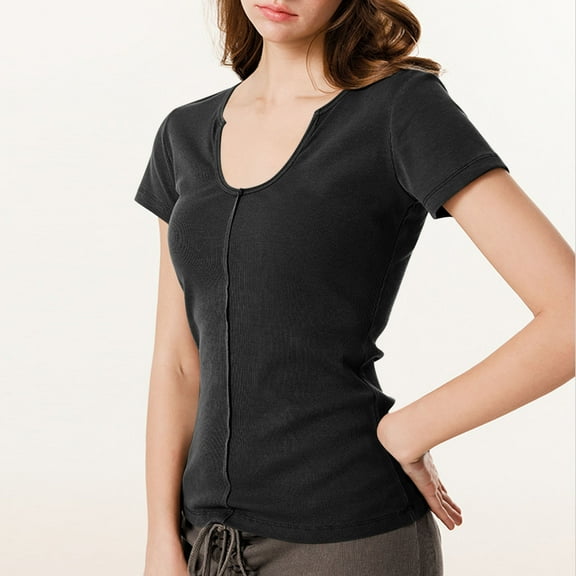 Rezuofi Womens Short Sleeve T-Shirts Scoop Neck Ribbed Slim Fitted Top Summer Casual Basic Tee