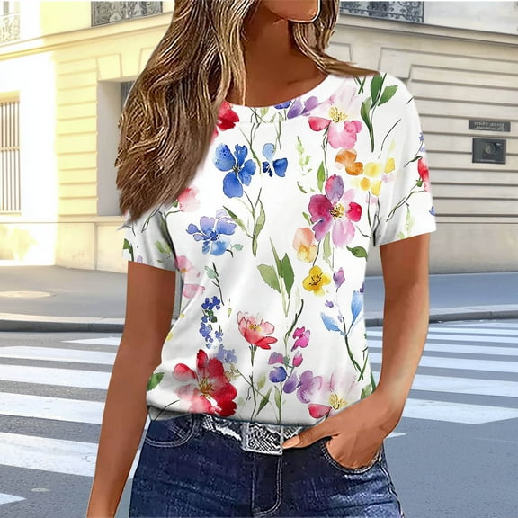 Rezuofi Womens Summer Pleated Front Shirts Tunics Casual Short Sleeved Loose Round Neck Boho Printed Tops Vacation Blouse