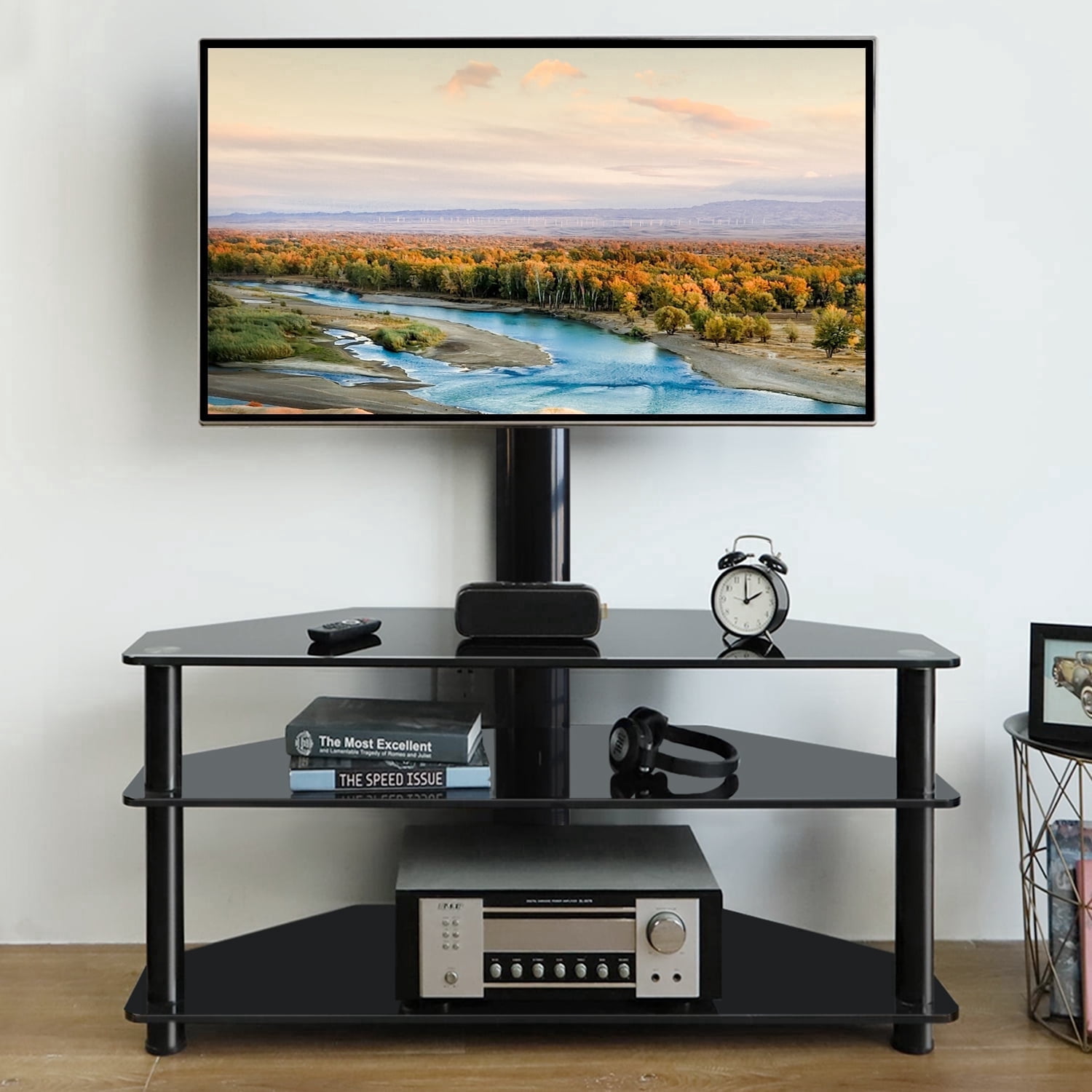 TAVR Furniture Corner TV Stand, TV Stand with Mount with 3 Tier Tempered Glass Shelves for 32-70 inch TVs, Max VESA 600X400mm, Television Stand