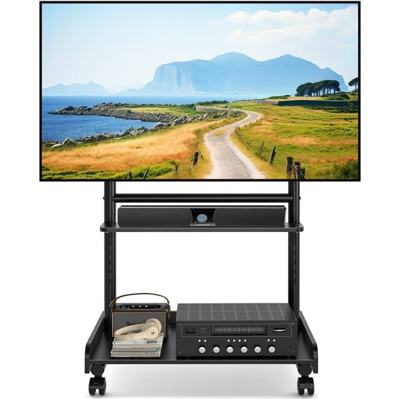 RTVR Modern Rolling TV Stand with Wheels for 40-86 inch TVs, 150lbs Capacity & Media Shelf, Black