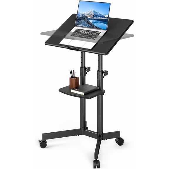 Rfiver Rolling Lectern Podium Mobile Standing Desk, Height Adjustable Portable Laptop Cart with Tilting Top, Rolling Stand Up Desk Computer Workstation with Shelf for Home, Office, Classroom