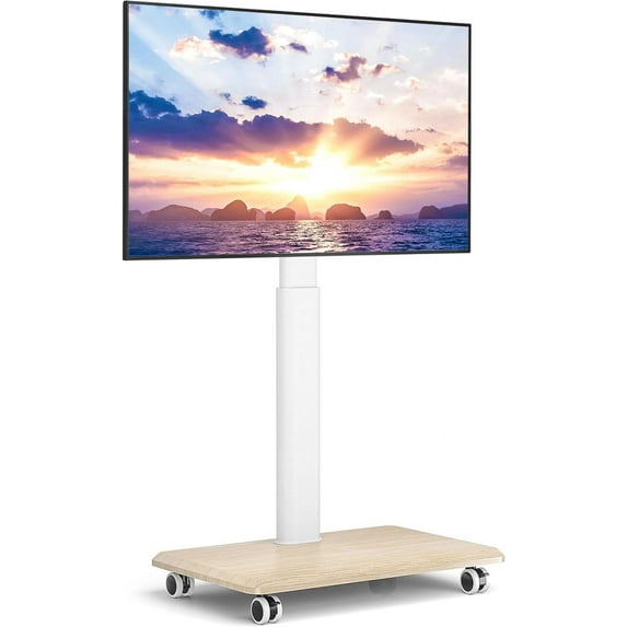 Rfiver Rolling TV Stand for 32 to 70 Inch TVs, Modern Corner TV Stand with Upgraded Wheels, 9 Levels of Height & ±30° Swivel Adjustable Mobile TV Mount Stand for Bedroom, Corner, Small Dorm, White