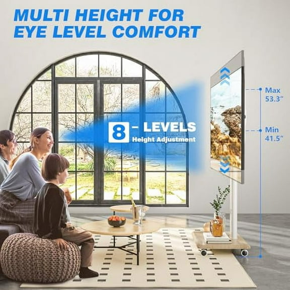 Rfiver Rolling TV Stand for 32 to 70 Inch TVs, Modern Portable Corner TV Stand with Upgraded Wheels, 9 Levels of Height & 30 Swivel Adjustable Mobile TV Stand for Bedroom, Corner, Small Dorm, White