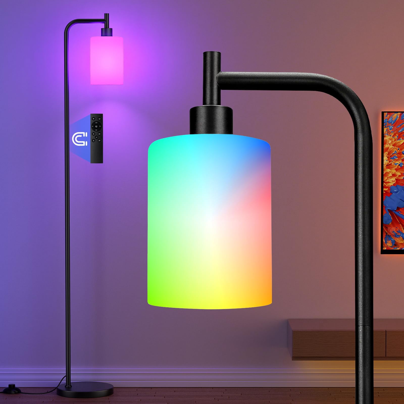 Rgb Floor Lamps For Living Room  Dimmable Industrial Standing Lamp With Remote Control Bedroom Office Corner 3 Colors Temperature White Glass Shade 9w Led Bulb