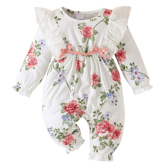 Rgdypko Kids Girls Boys Autumn Jumpsuit Flying Sleeves Fashion Cute Baby Flower Print Romper Size 0-3 Months