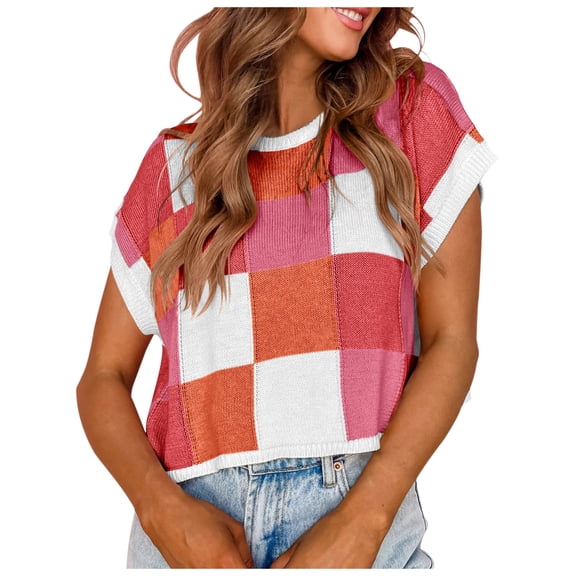 Rgdypko Summer Basic Women's Tops Fashion Trendy Cap Sleeve Crop Color Block Crew Neck Knit Sweater Clothing Vacation Seaside Casual Wear