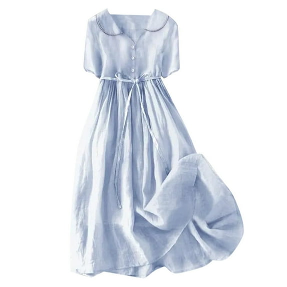 Rgdypko Summer Dresses For Women 2025 Elegant Lapel Button Belt Solid Color Long Skirt V Neck Breathable Casual Short Sleeve Dress Suitable For Various Occasions