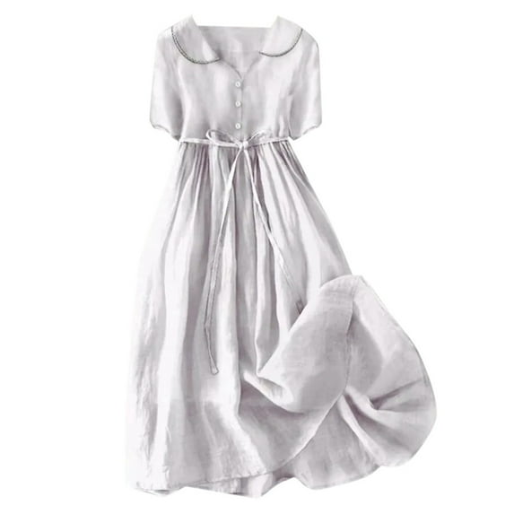 Rgdypko Summer Dresses For Women 2025 Elegant Lapel Button Belt Solid Color Long Skirt V Neck Breathable Casual Short Sleeve Dress Vacation Travel Wear