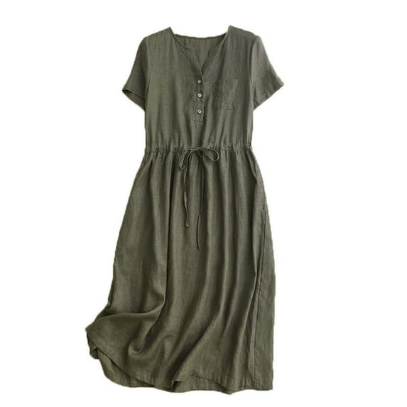 Rgdypko Summer Dresses For Women 2025 Vintage Casual Style V Neck Short Sleeve Midi Dress | A Line Waist Cinching Slim Fit Linen Skirt Basic Daily Clothing