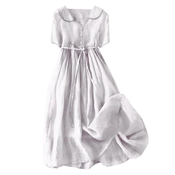 Rgdypko Womens Dresses Elegant Lapel Button Belt Solid Color Long Skirt V Neck Breathable Casual Short Sleeve Dress Classic Fit For Everyday Wear