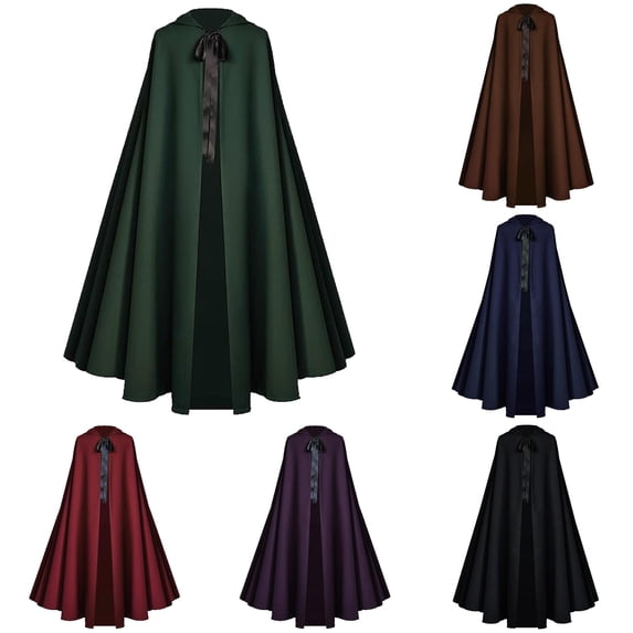 Rggeeun Adults Cape Solid Color Pleated Hooded Loose Front Tie Ankle Length Breathable Relaxed Fit for Halloween Evening Party Classic Capes,Green,S