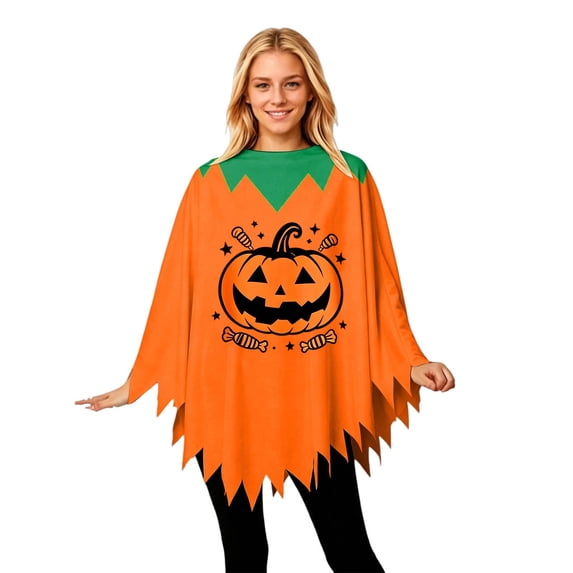Rggeeun Adults Halloween Cape Cute Pumpkin & Candy Pattern Pointed Hem Crew Neck Flowy Breathable for Halloween Outdoor Play Leisure Capes,Orange,One Size