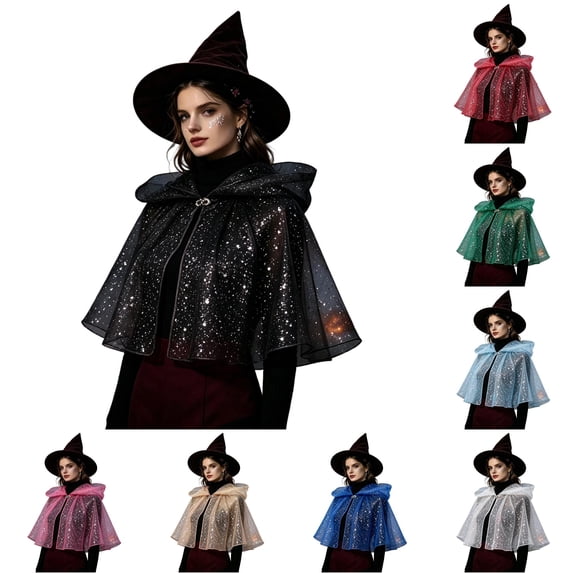 Rggeeun Adults Halloween Witch Short Cape, Mesh Glitter Star Moon Printed Hooded Capes for Halloween Indoor Wear Leisure Capes,Black,S