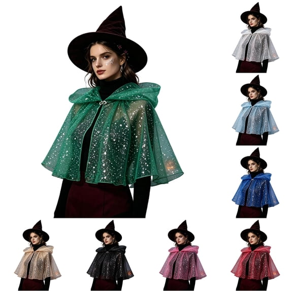 Rggeeun Adults Halloween Witch Short Cape, Mesh Glitter Star Moon Printed Hooded Capes for Halloween Travel Party Fashion Capes,Green,S